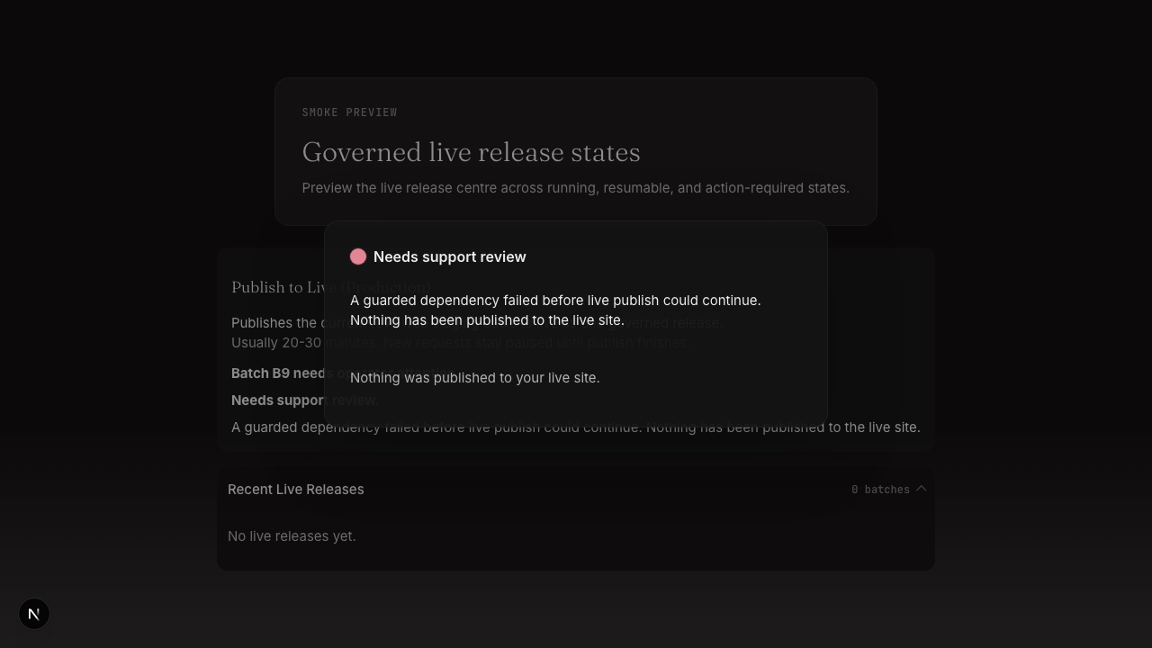 WPFlow live-release screen showing an approval-led publish workflow.