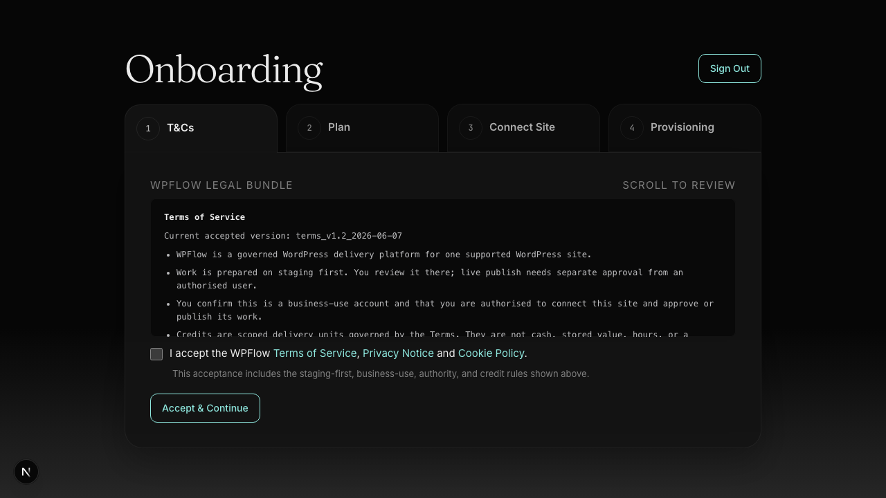 WPFlow onboarding screen for a staged WordPress delivery workflow.