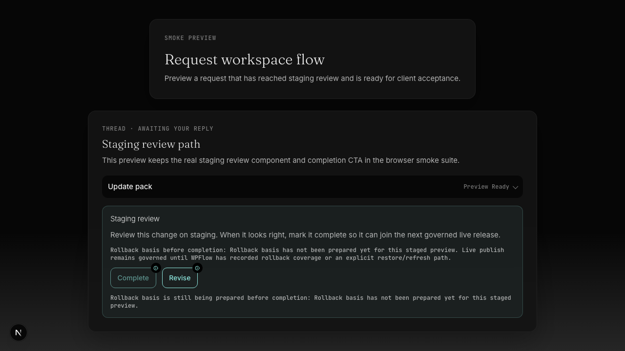 WPFlow request review screen showing staged WordPress work ready for approval.